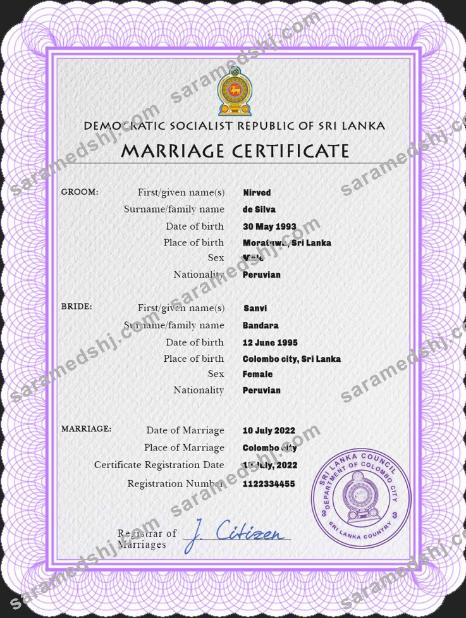 Sri Lanka marriage certificate PSD template
